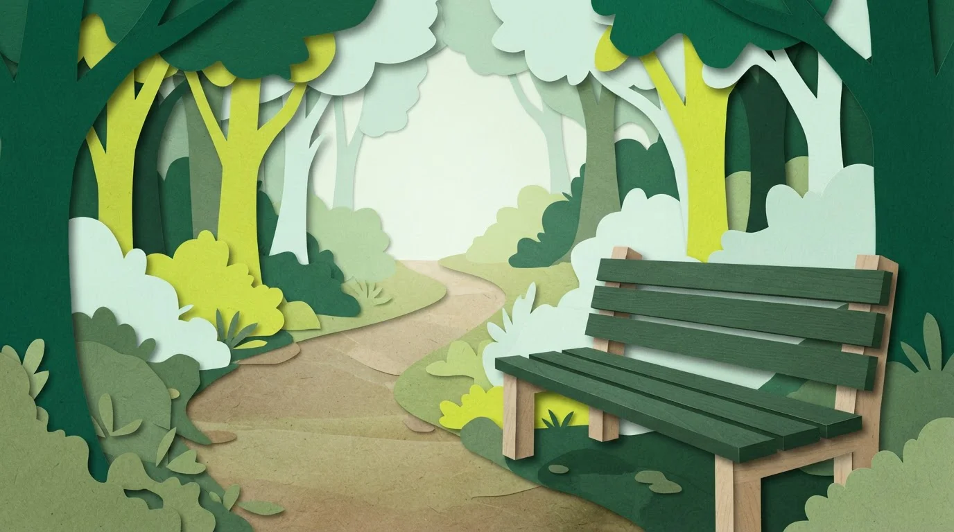 Sitzbank neben einem ruhigen Waldweg mit weichen Schatten