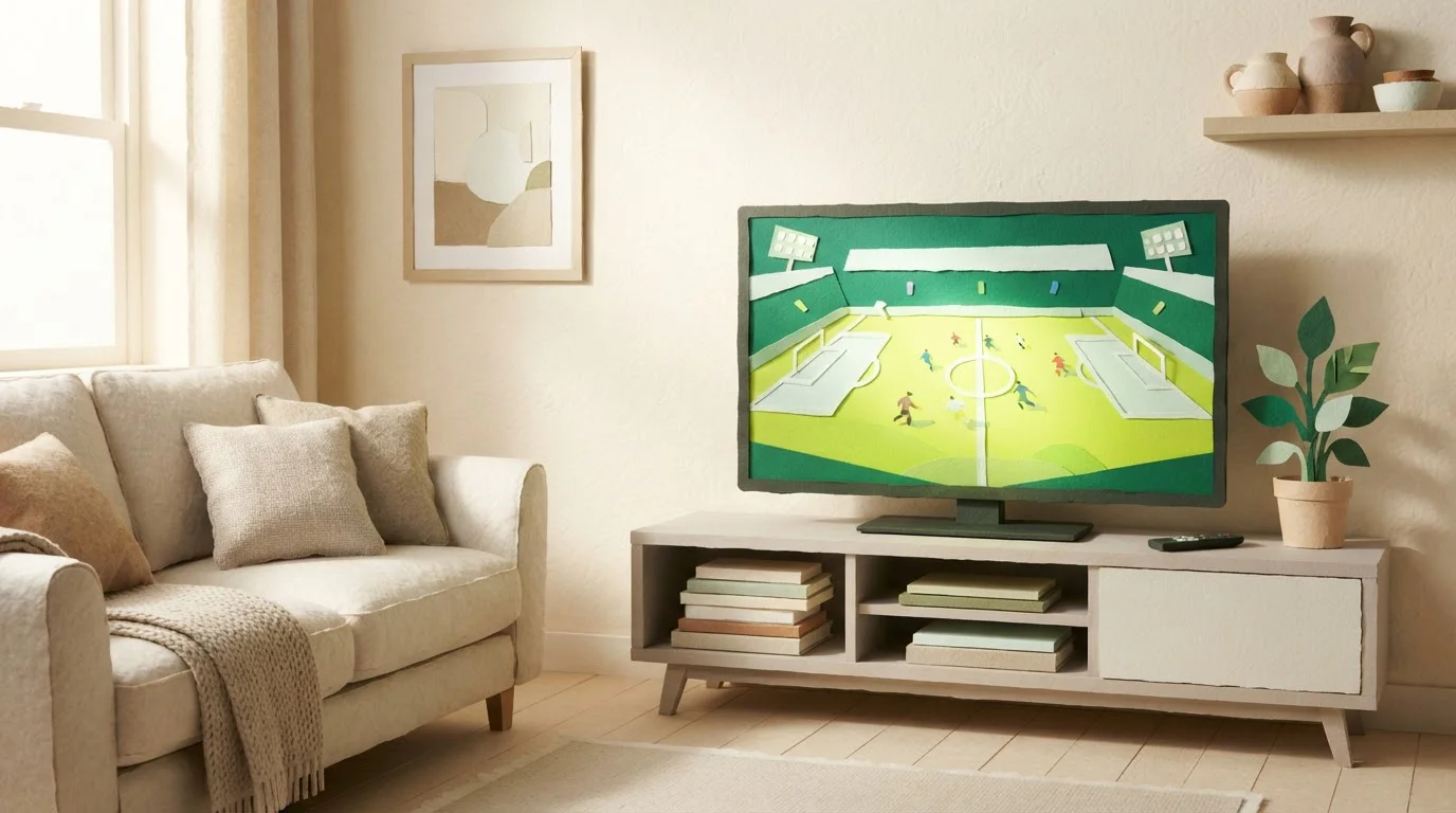 Fernseher mit einem beleuchteten Spielfeld neben einem Sofa