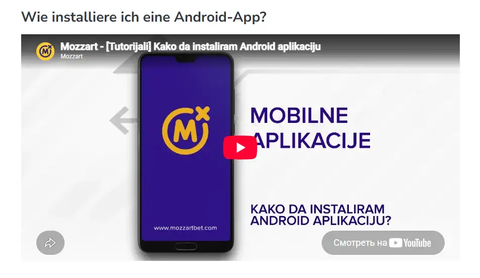 Android-Hilfeseite von Mozzartbet mit dem Bereich für das Installationsvideo