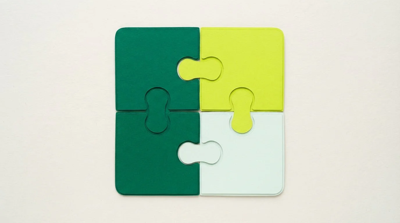 Vier ineinandergreifende Puzzleteile mit deutlich sichtbaren Verbindungen auf hellem Hintergrund