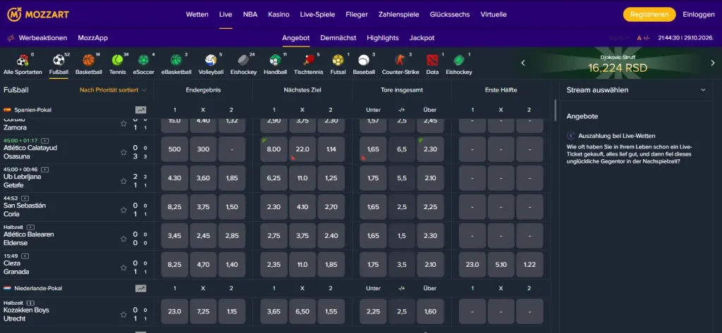 Fußballereignisse und Marktauswahl im Wettangebot von Mozzartbet